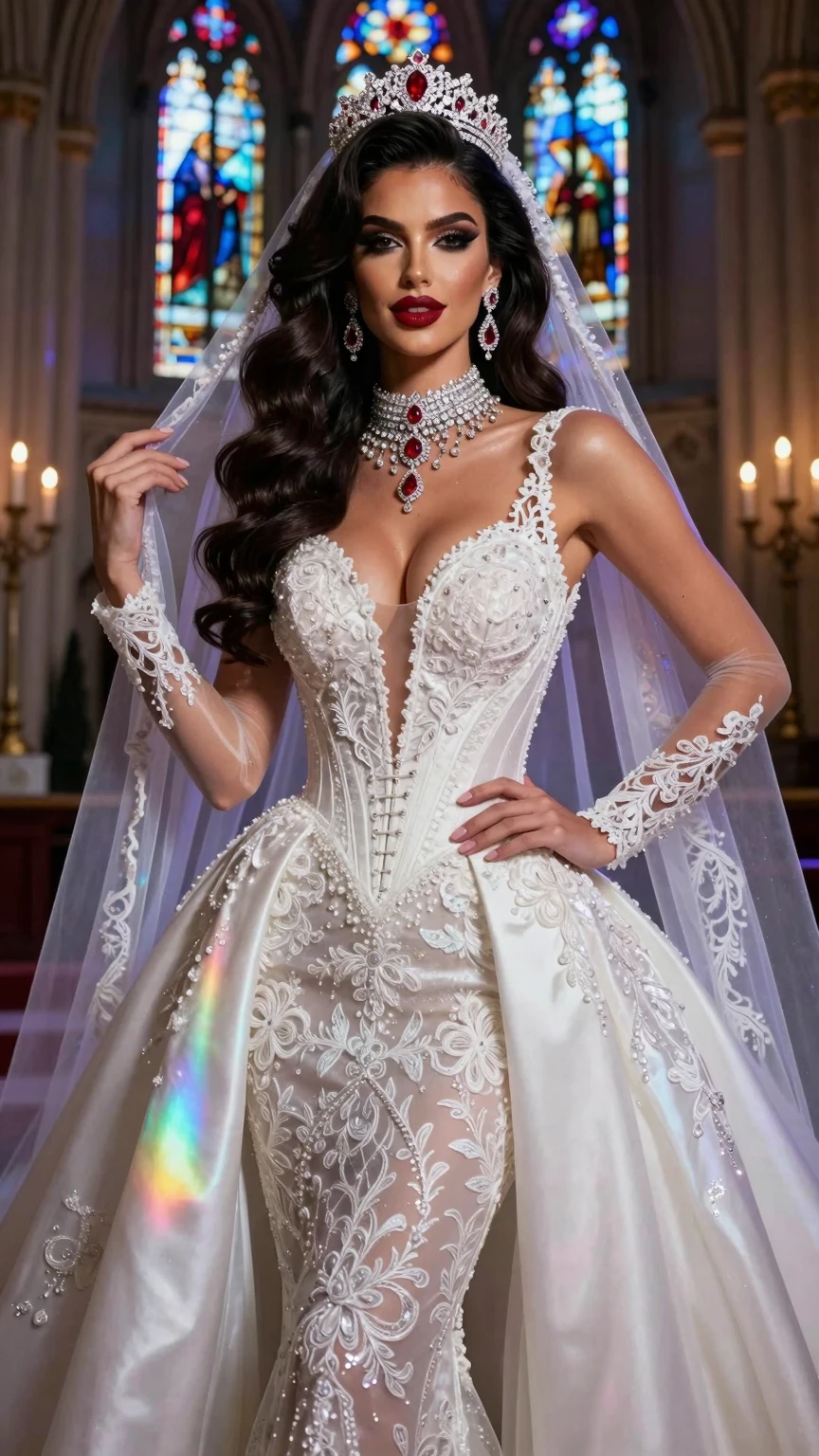 Royal Bride in Plunging Cathedral Wedding Gown