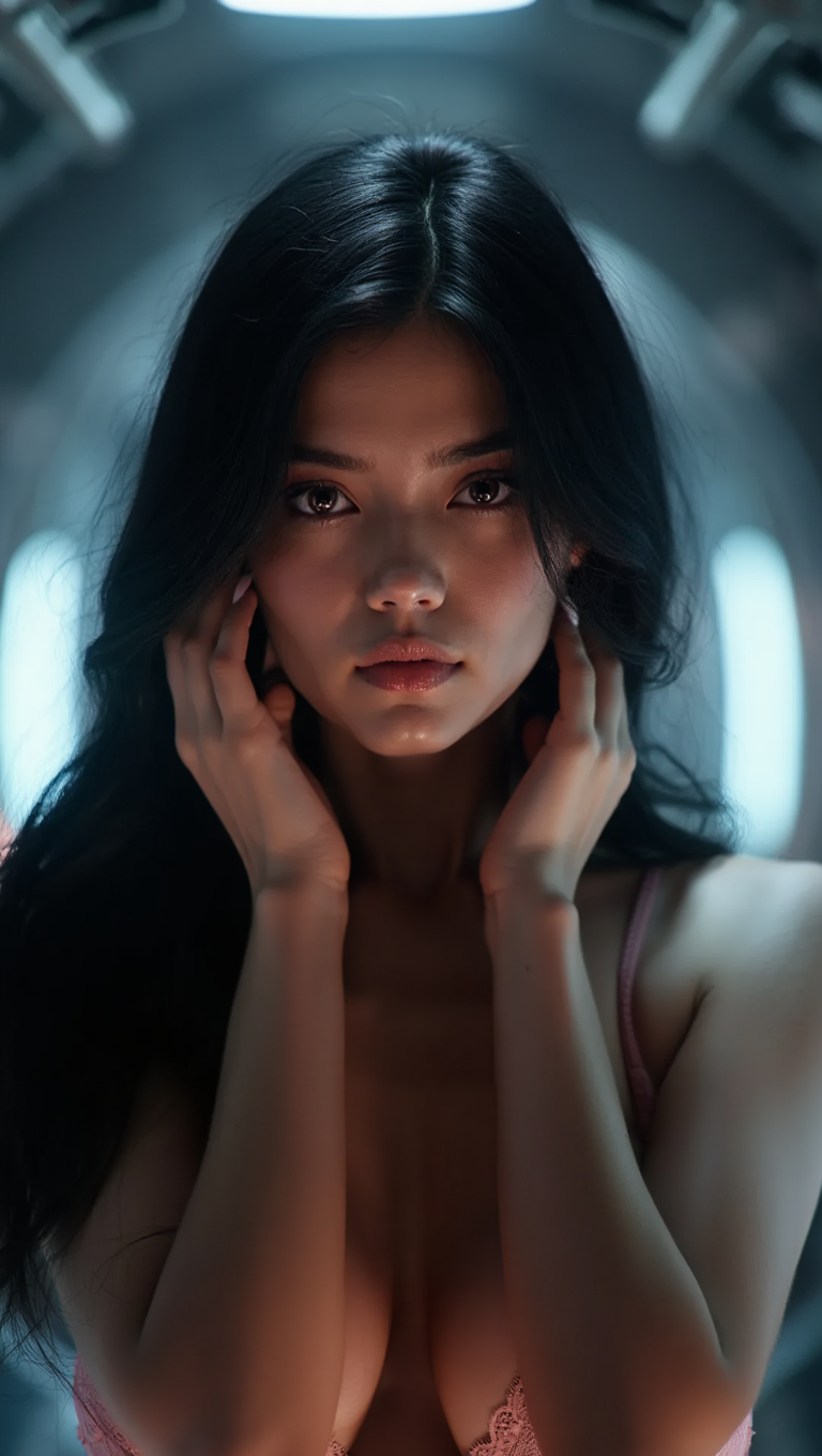 Neon Corridor Lingerie in a Futuristic Sci-Fi Capsule