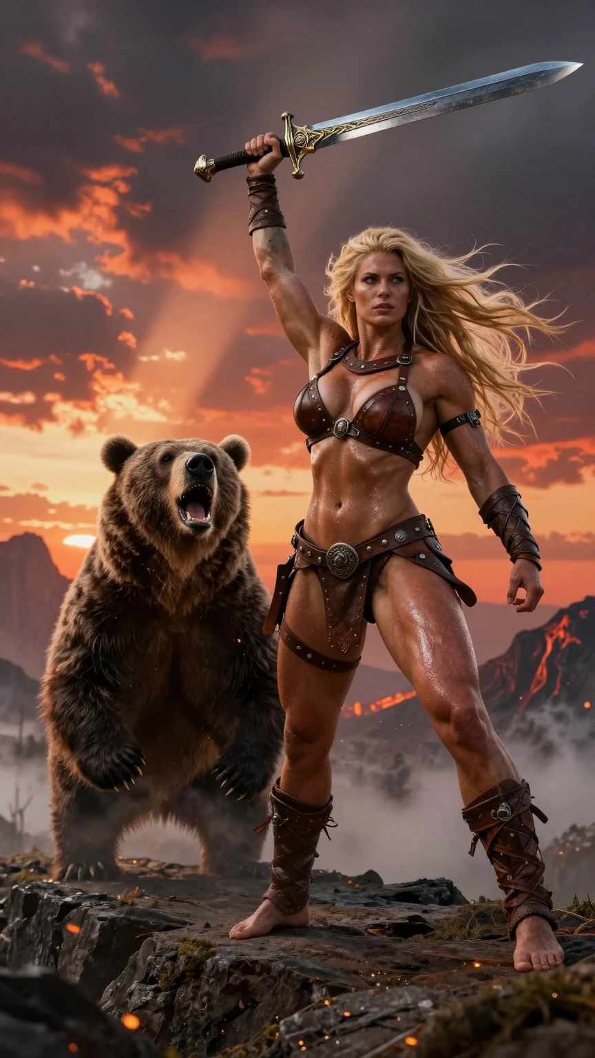 Blonde Barbarian Warrior Faces Roaring Bear at Sunset