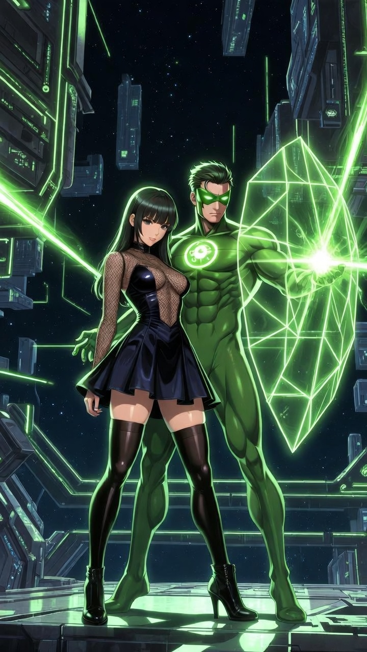 Neon Guardian and Seductive Muse in Sci-Fi Realm
