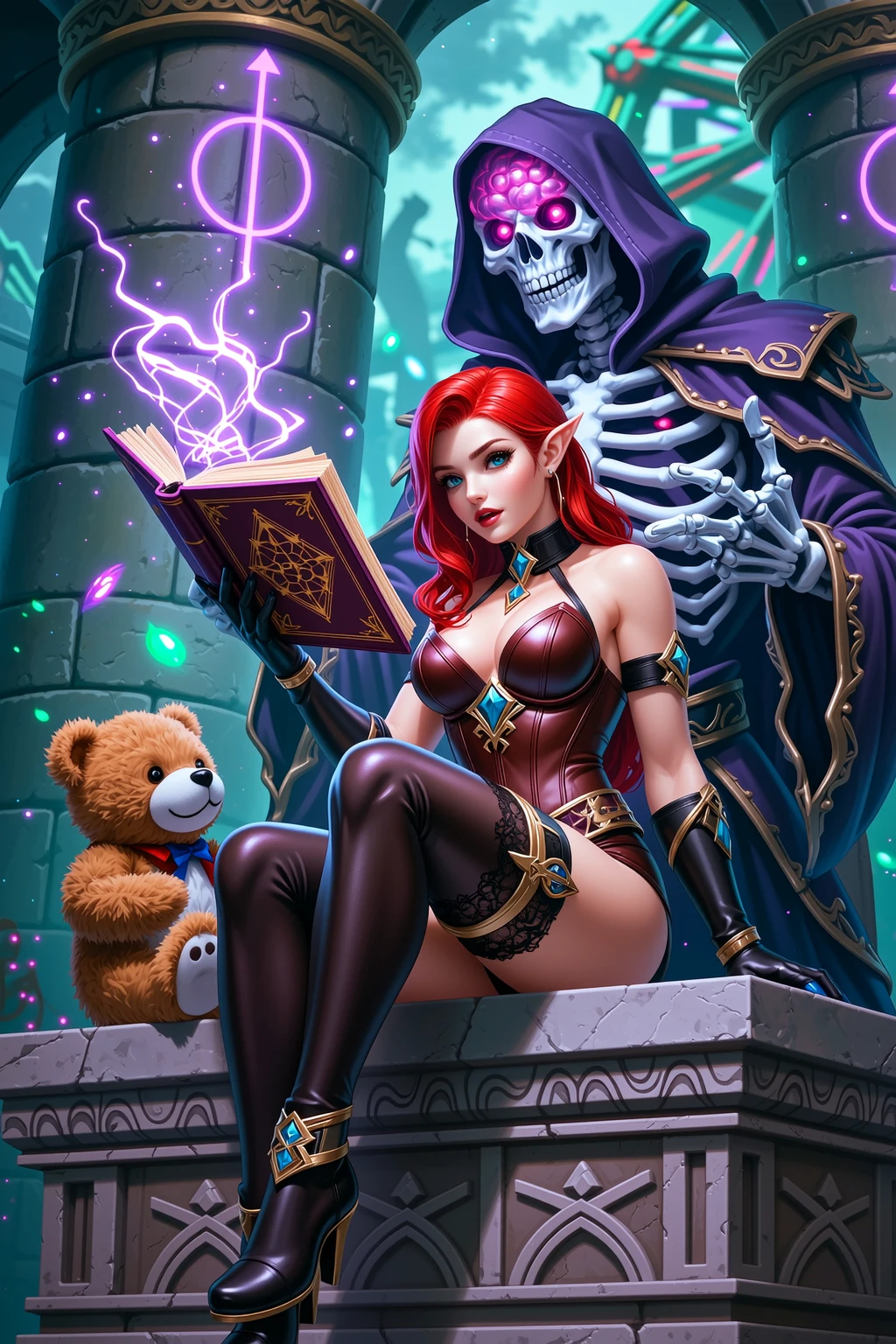 Seductive Redhead Sorceress with Brain Lich Necromancer