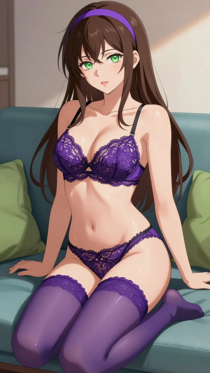 Confident Violet Lace Beauty on Modern Couch