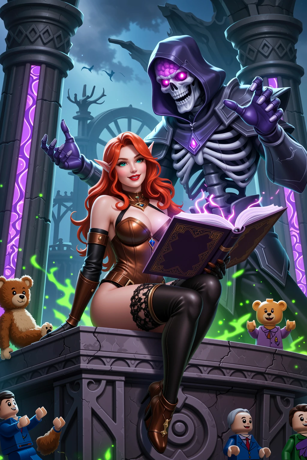Seductive Redhead Sorceress with Brain Lich Necromancer