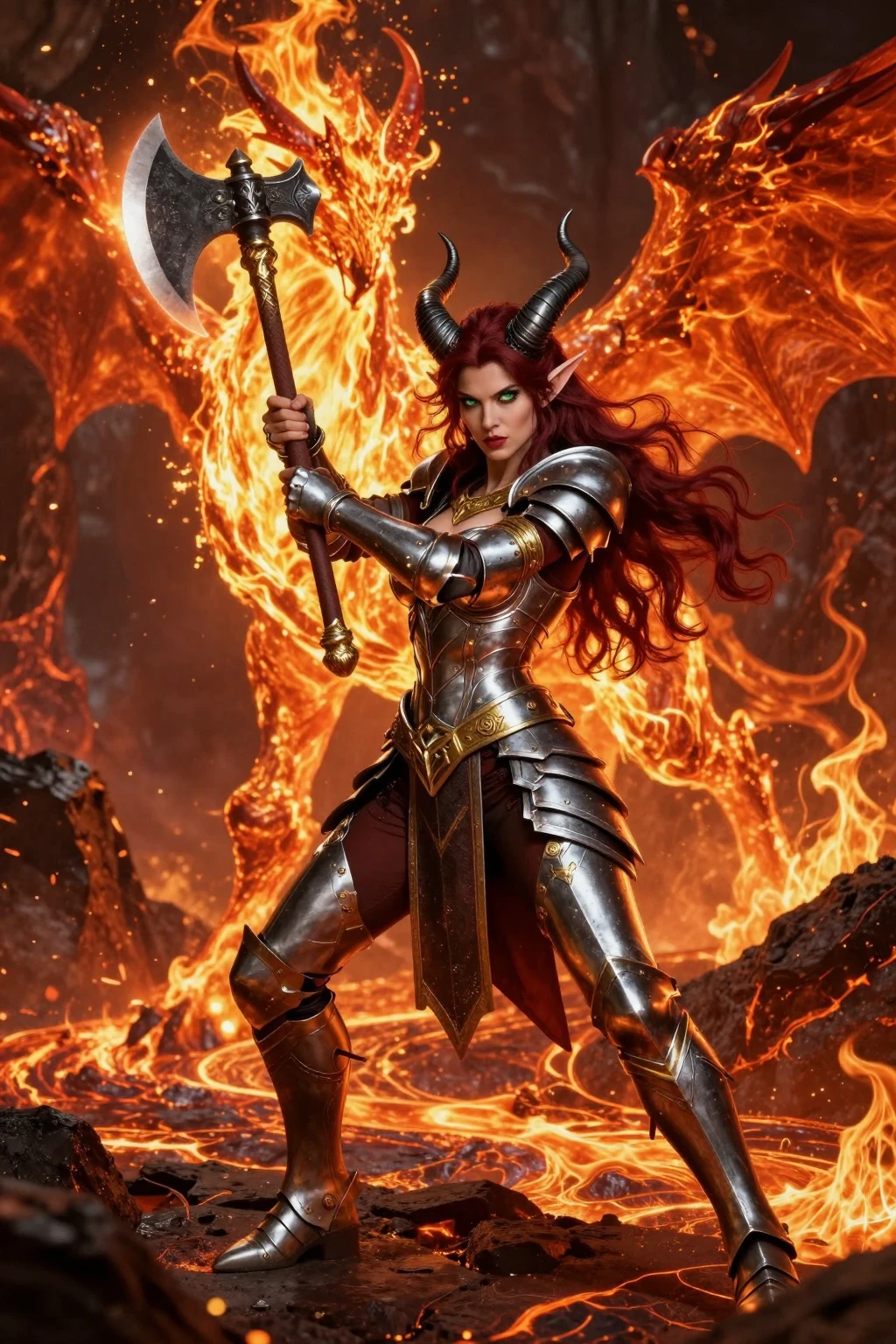 Horned Redhead Elf Warrior in Lava Realm