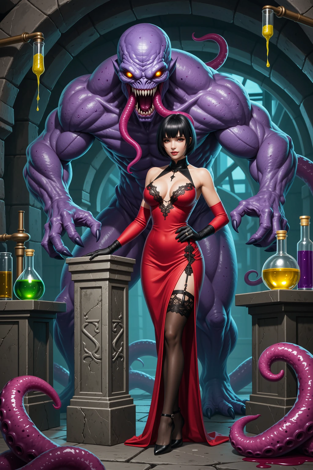 Seductive Brunette and Tentacle Monster in Dungeon