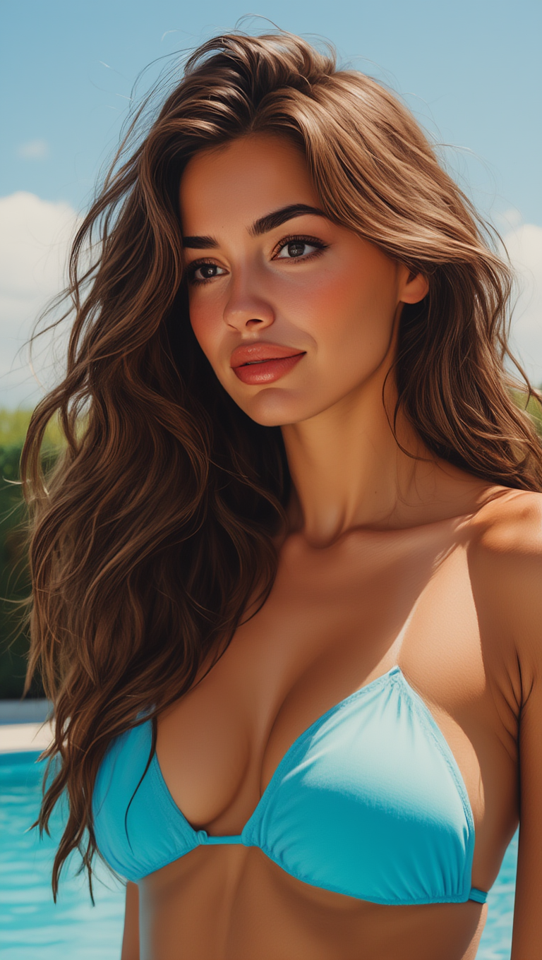 Turquoise Bikini Beauty Teasing Beside Luxury Pool