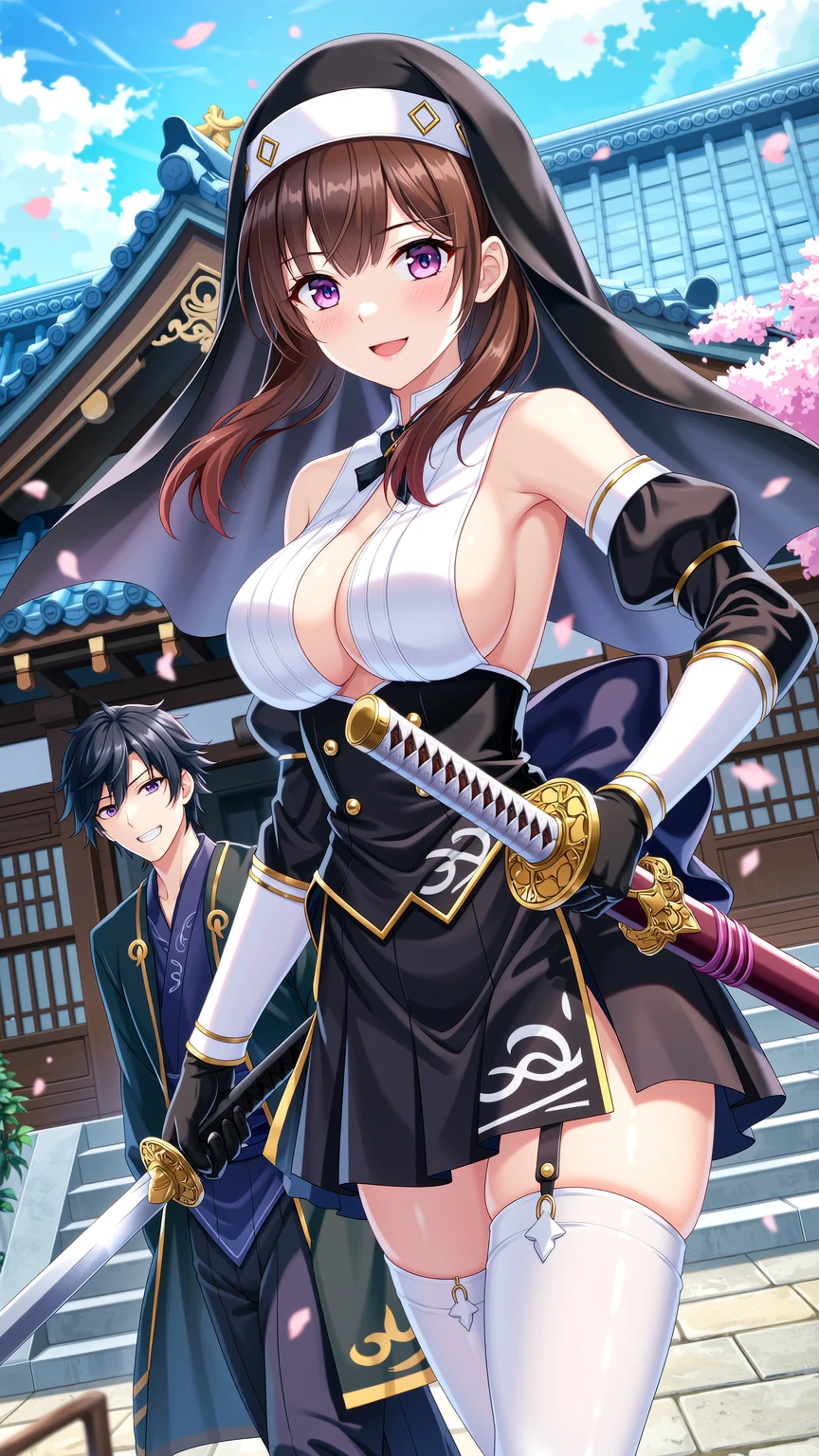 Seductive Nun and Samurai in Cherry Blossoms