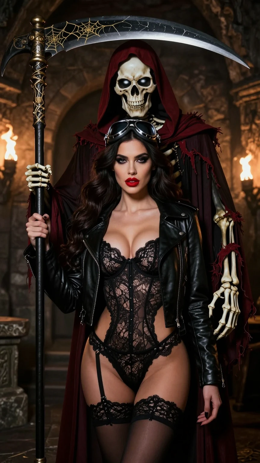 Brunette Seductress with Grim Reaper
