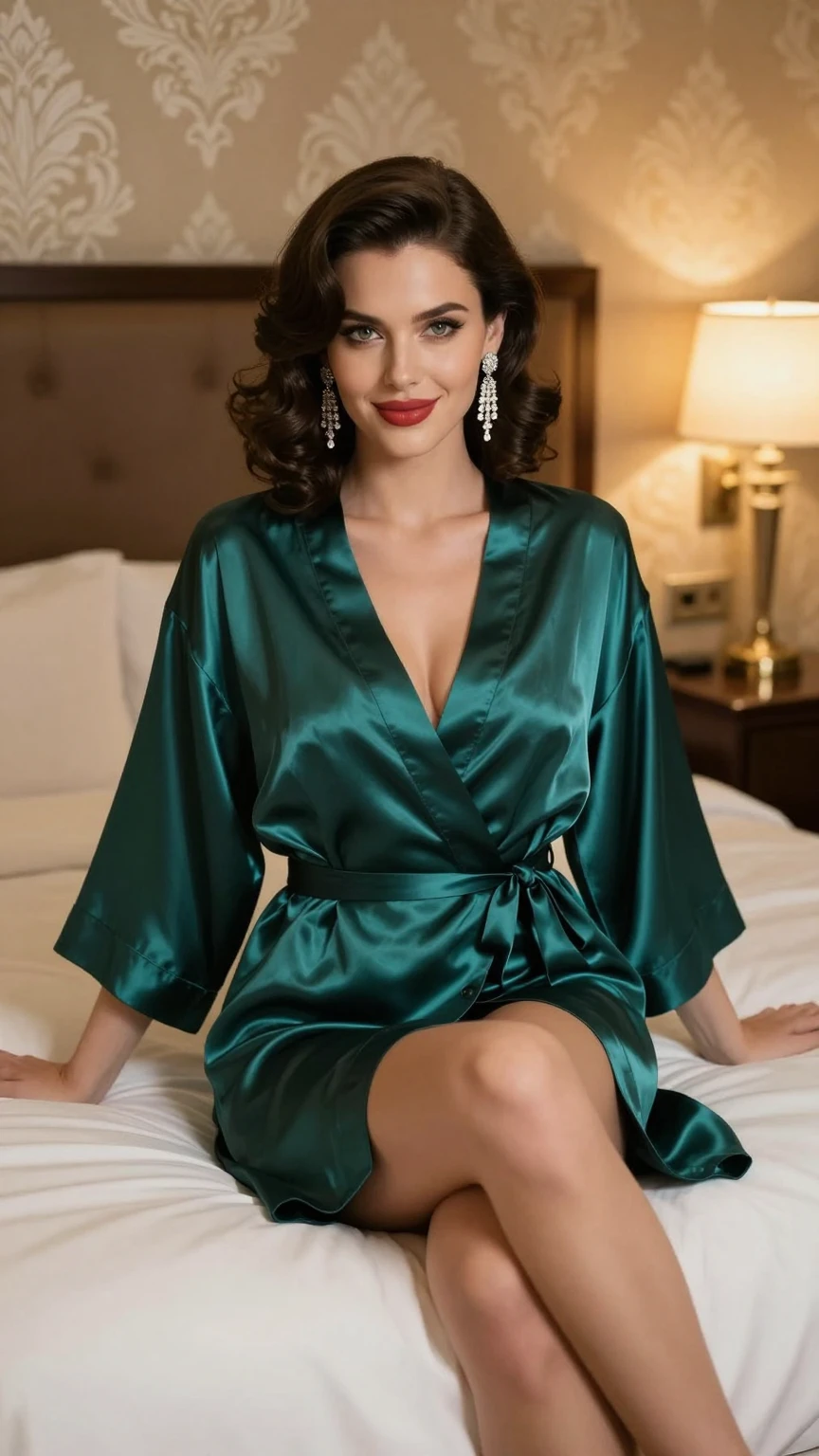 Elegant Teal Satin Robe Bedroom Seduction