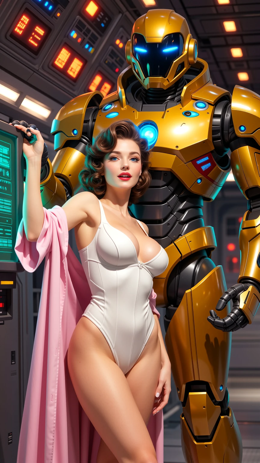 Retro Futuristic Pin-Up With Guardian Android