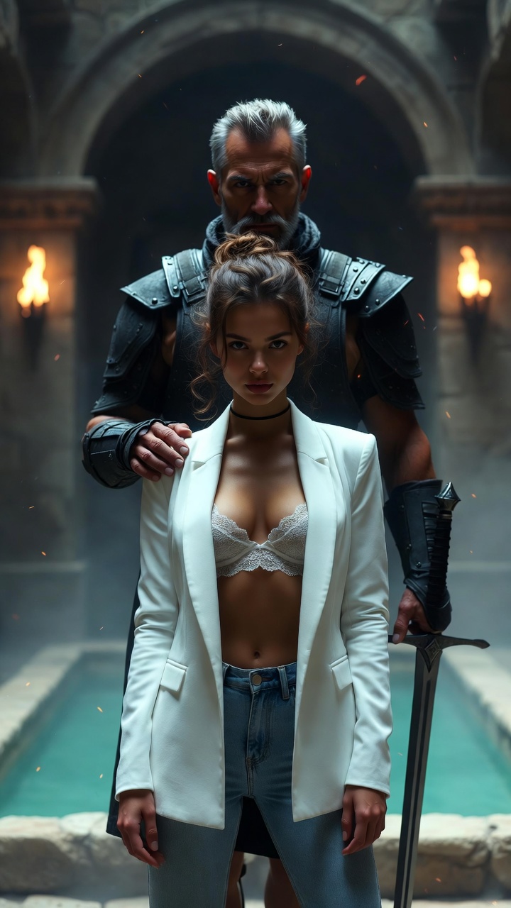 Modern Muse and Armored Guardian in Ancient Chamber