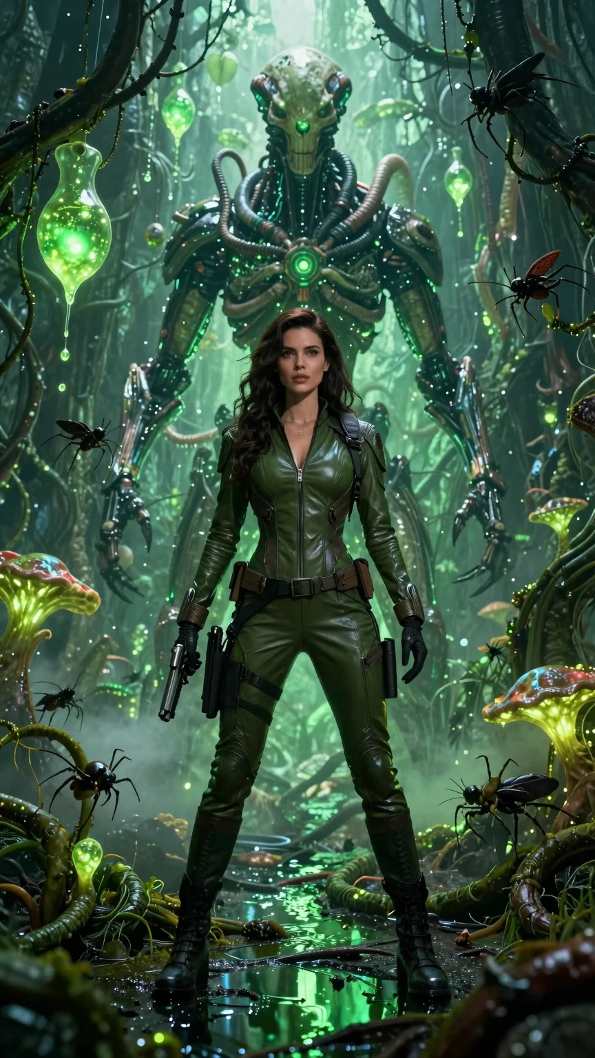 Alien Biomechanical Jungle Encounter With Futuristic Explorer