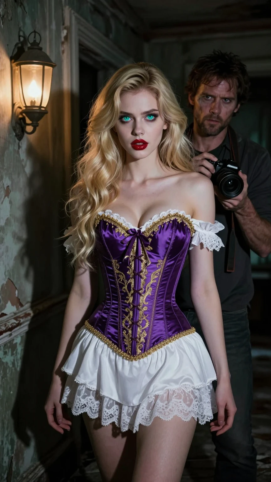 Glowing Eyes Beauty in Haunted House with Photographer
