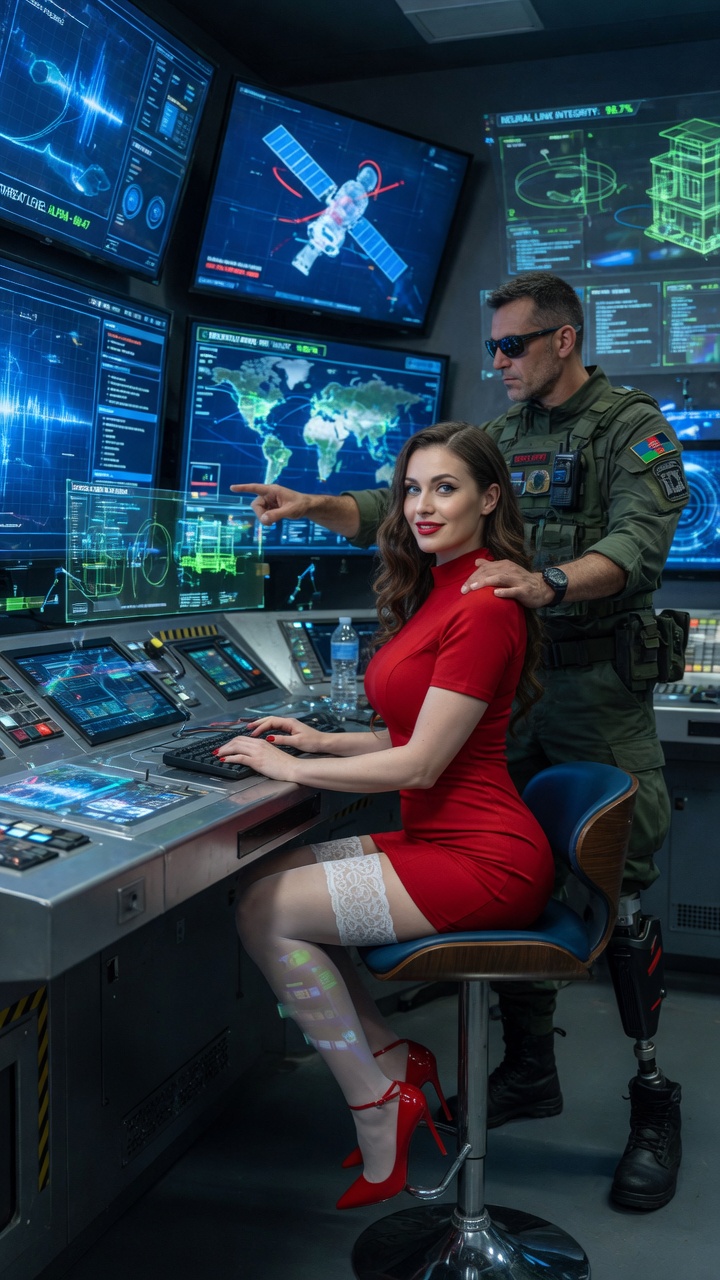 Brunette in Red Dress with Military Officer in Command Center
