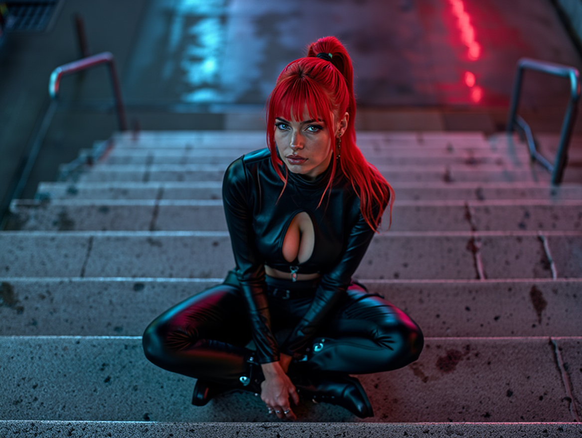 Neon Cyberpunk Street Warrior in Rain-Soaked City