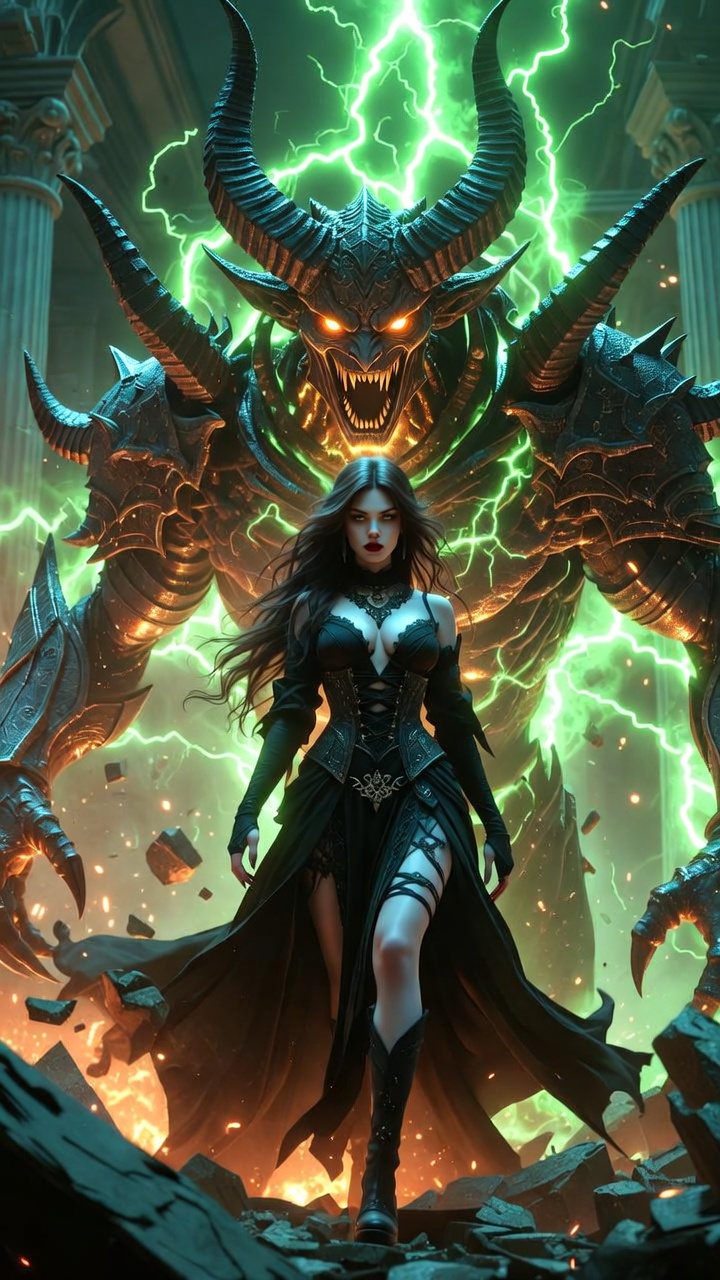 Dark Sorceress Commanding Infernal Twin Demon