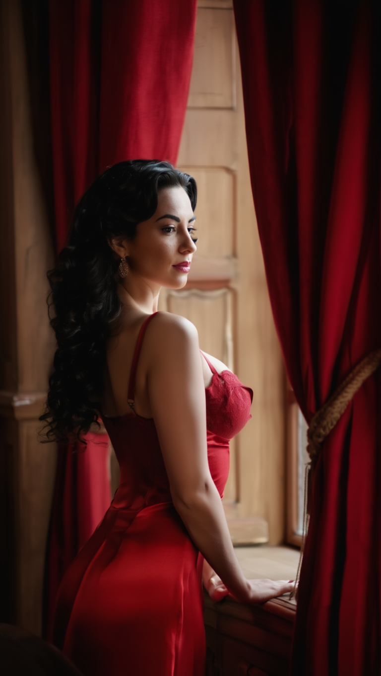 Classic Red Evening Dress Window Light Editorial Series