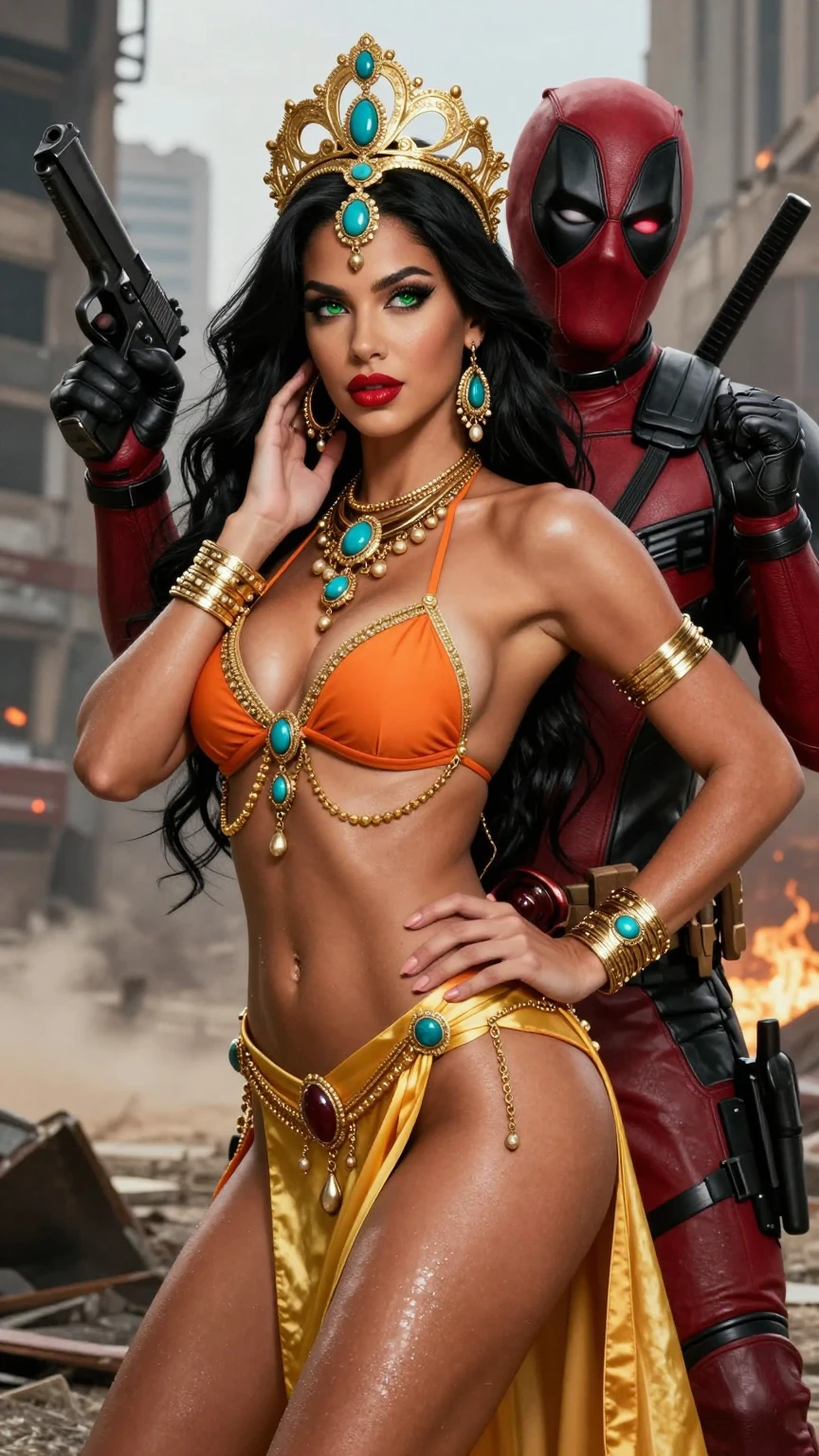 Exotic Golden Queen Posing with Deadpool in Ruins