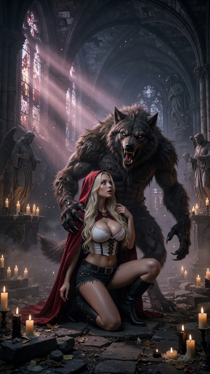 Blonde Red Riding Hood Kneels Before Massive Werewolf