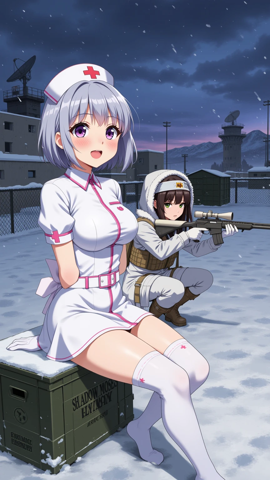 Nurse and Sniper Girls in Snowy Military Base