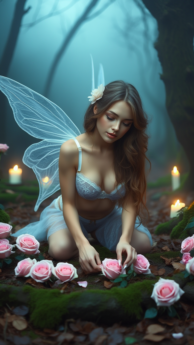 Enchanted Forest Fairy Among Candlelit Mystic Roses