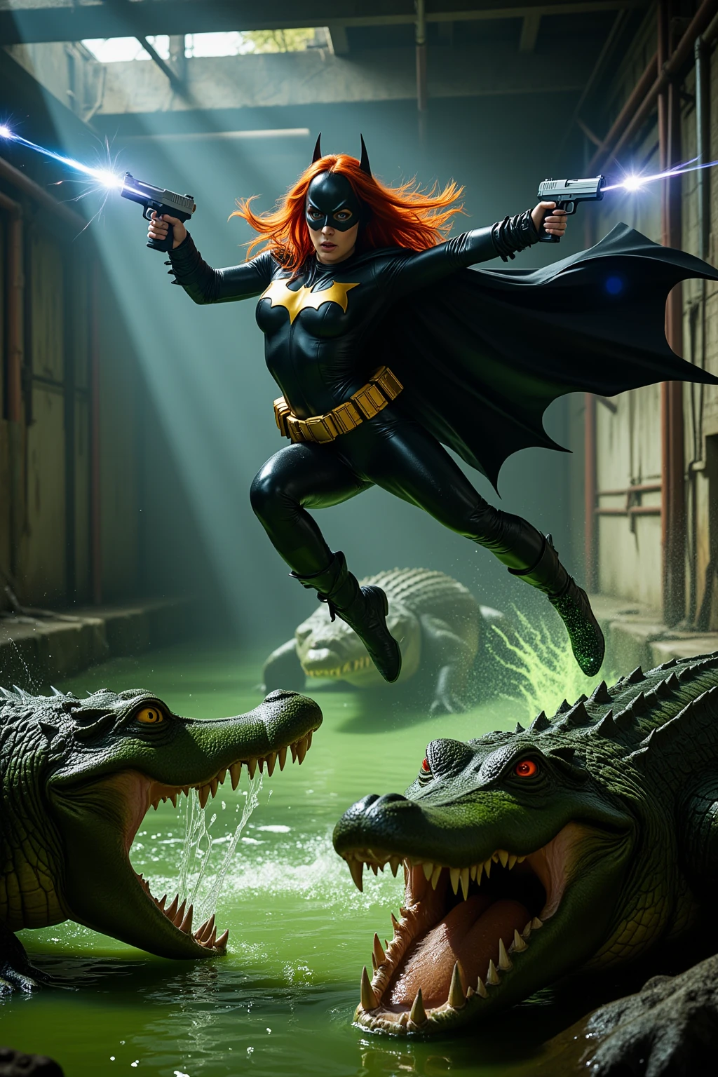 Redhead Batgirl vs Giant Sewer Crocodiles