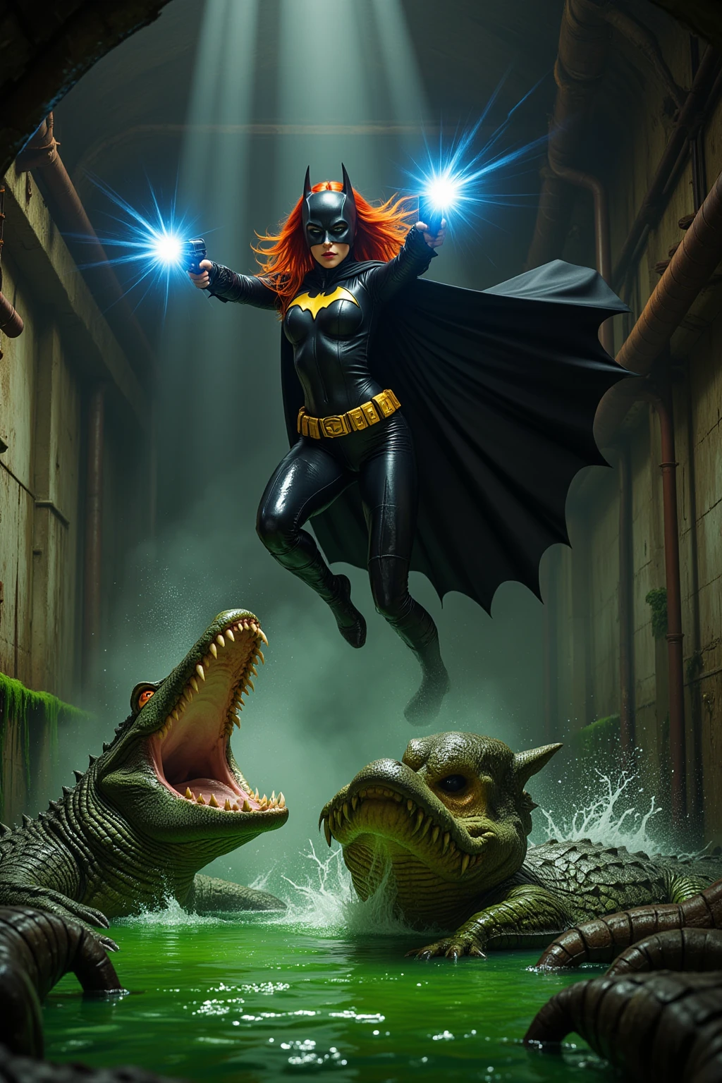 Redhead Batgirl vs Giant Sewer Crocodiles