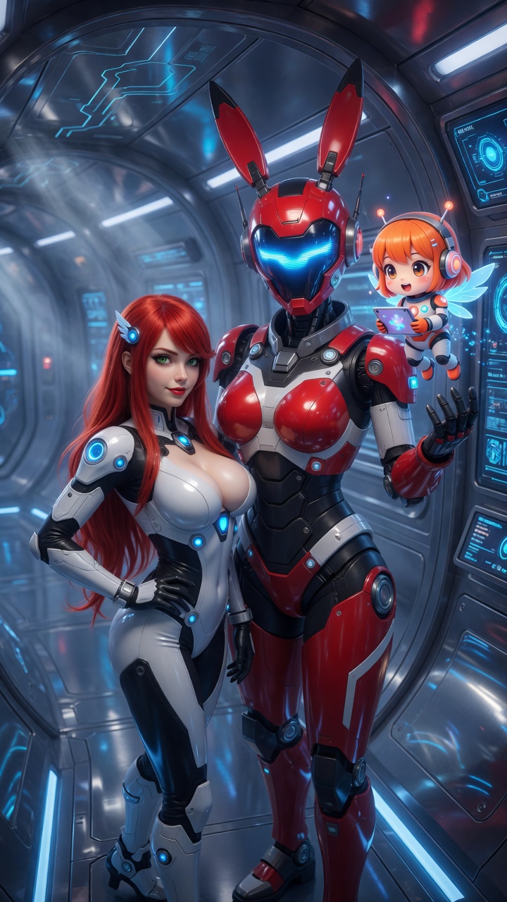 Redhead and Bunny Robot Duo