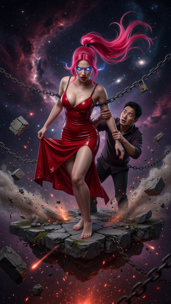Pink-Haired Beauty in Red Latex Cosmic Peril