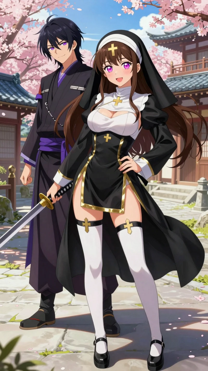 Seductive Nun and Samurai in Cherry Blossoms