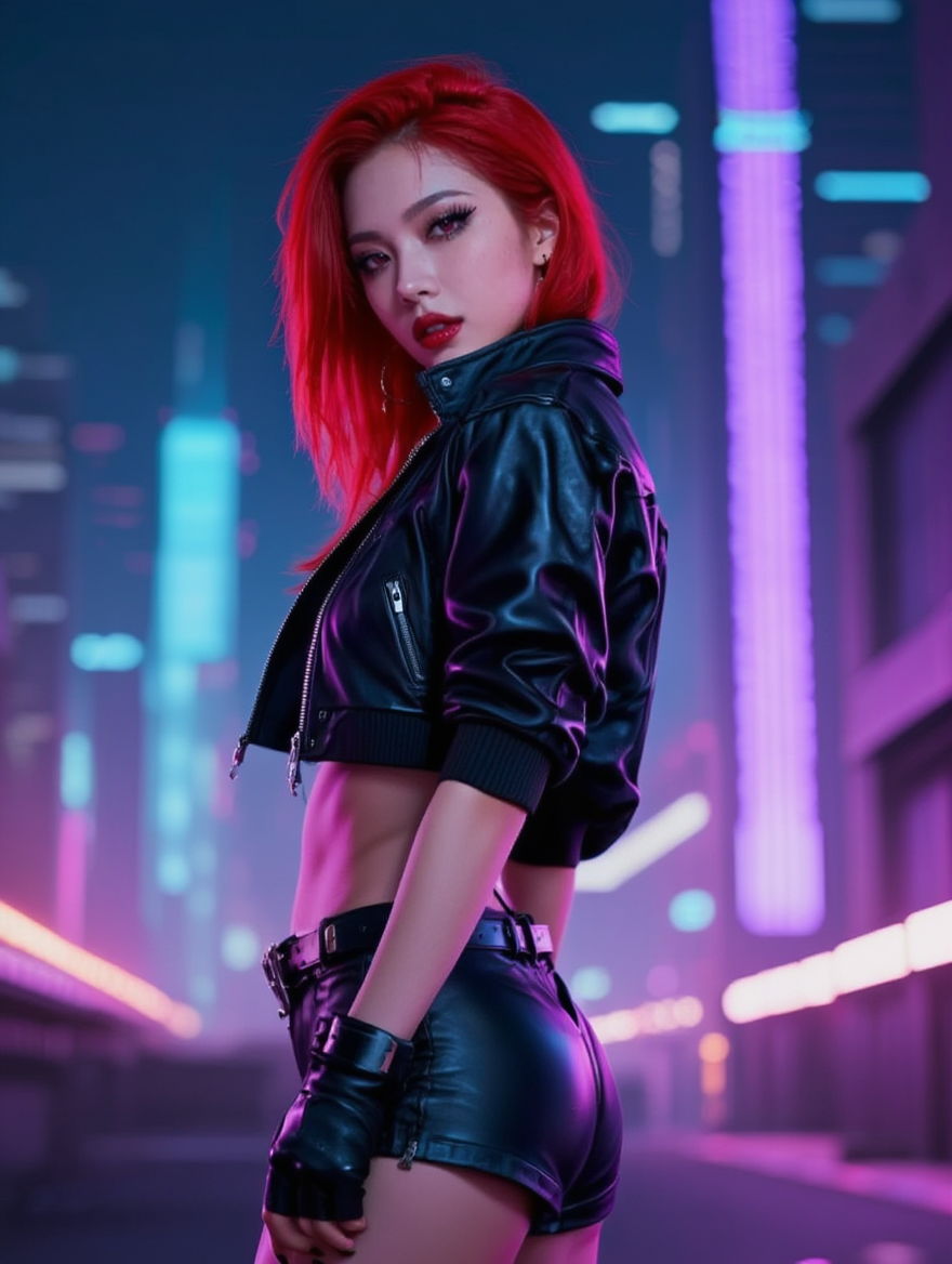 Neon Cyberpunk Femme Fatale in Futuristic City Nights