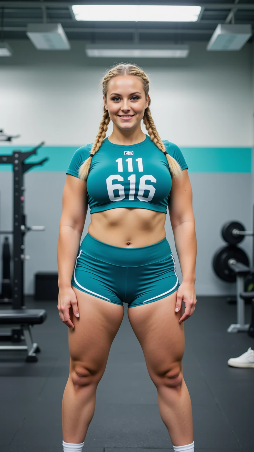 Confident Blonde Fitness Athlete in Modern Training Gym
