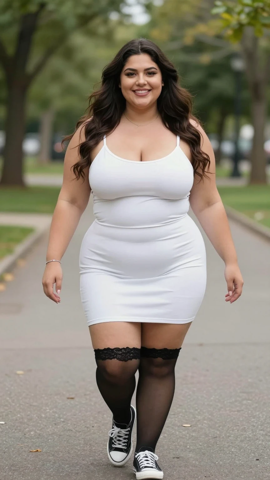 Curvy Brunette in Tight White Mini Dress
