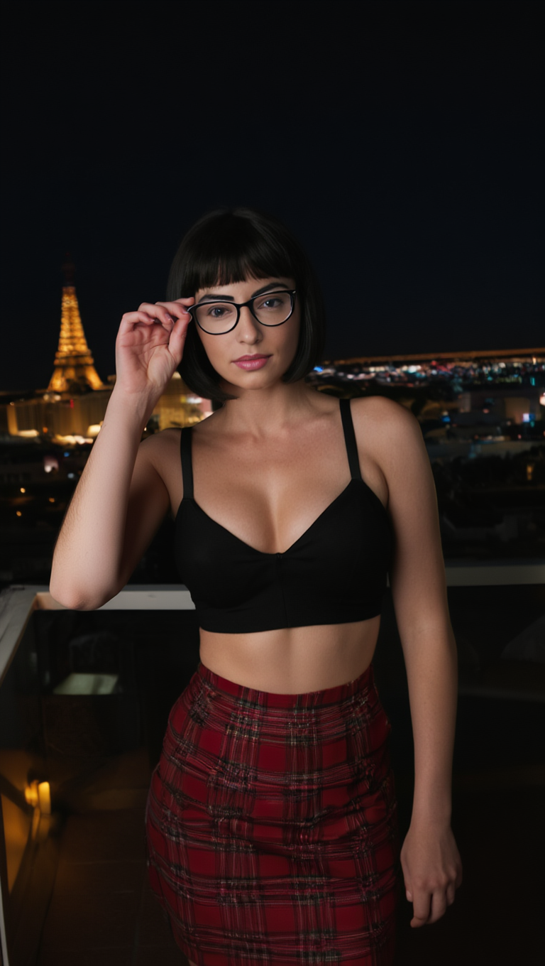 Night City Rooftop Portraits with Brunette in Glasses
