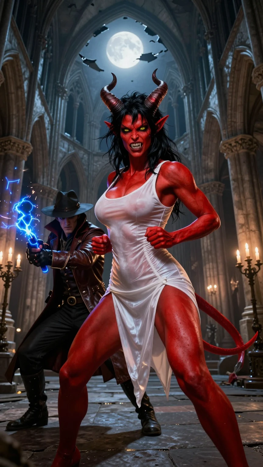 Demoness vs Vampire Hunter in Ruined Cathedral