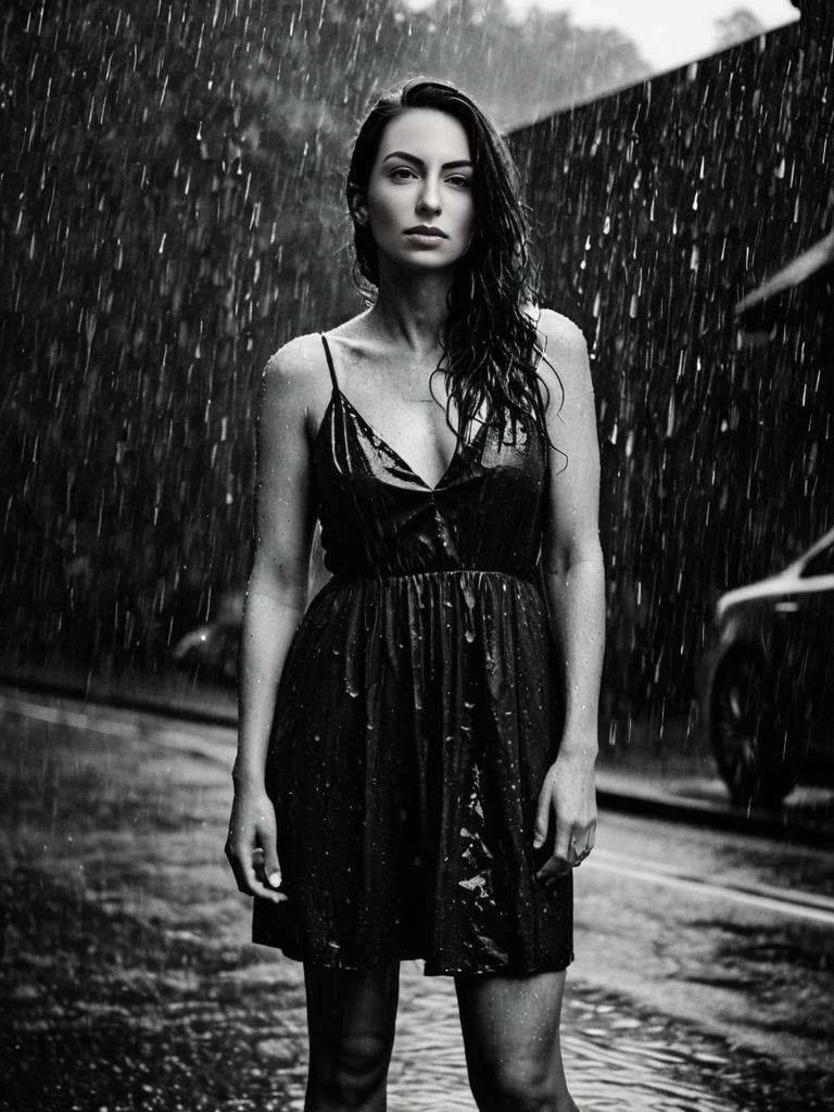 Brunette Drenched in Black Dress: Moody Rainy Night Portrait
