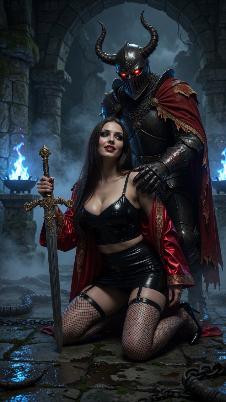 Kneeling Beauty with Horned Dark Knight