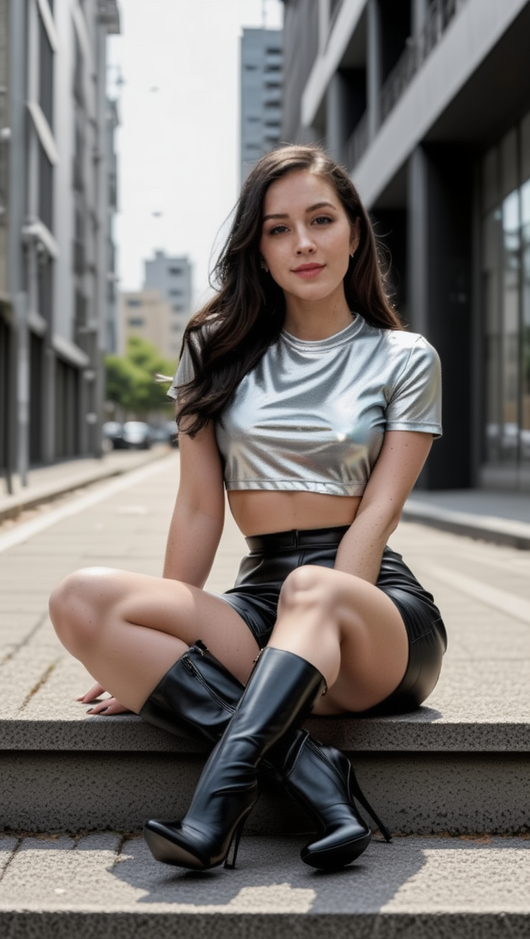 Urban Rebel Chic: Silver Top, Leather Shorts Street Style