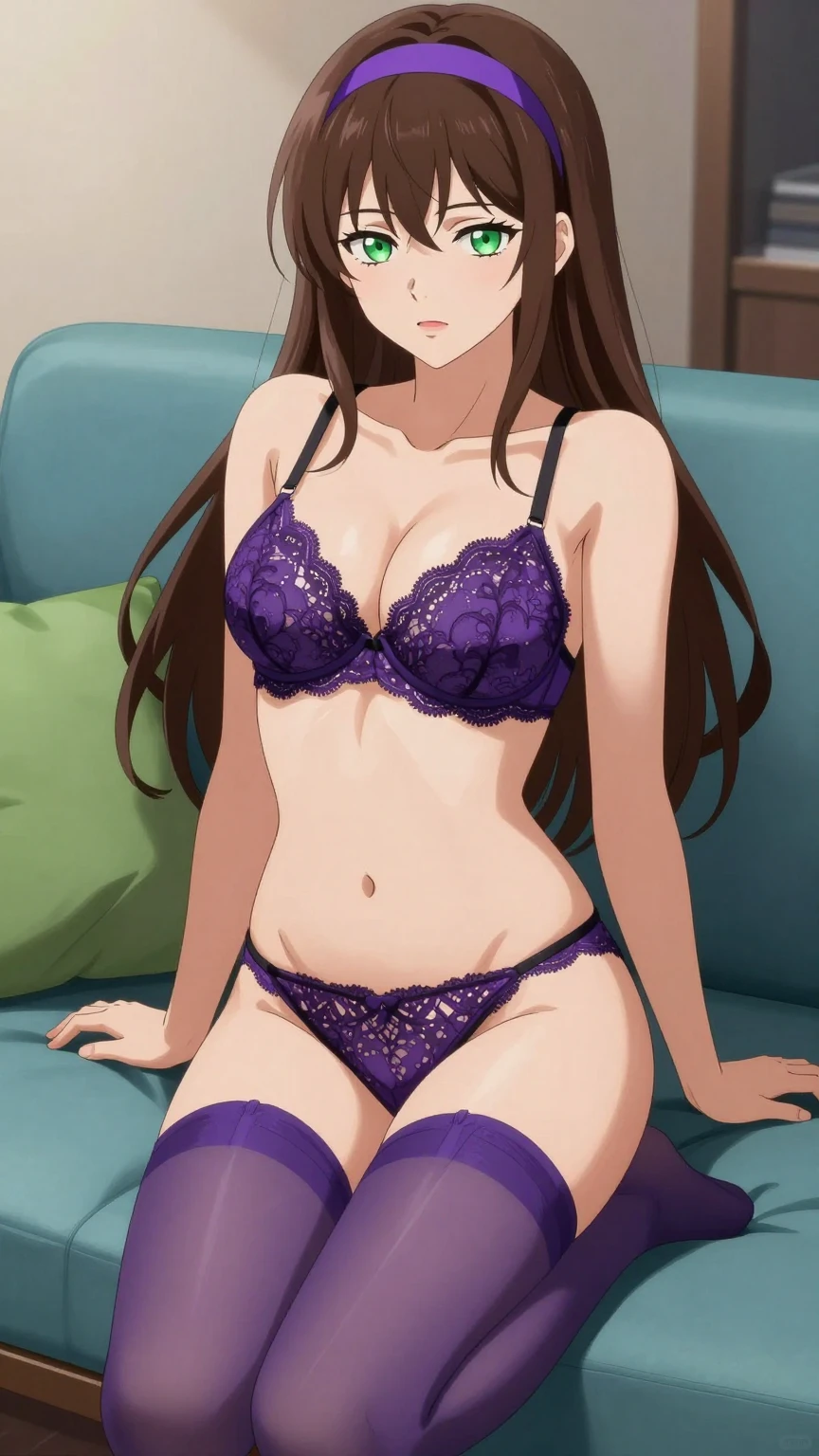 Confident Violet Lace Beauty on Modern Couch