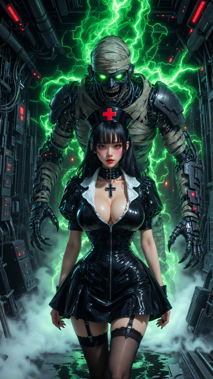 Latex Nurse and Glowing Cyber Mummy Guardian
