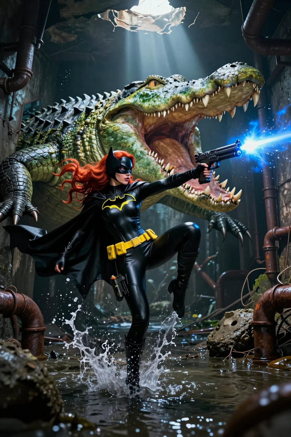 Batgirl vs Giant Crocodile in Sewer
