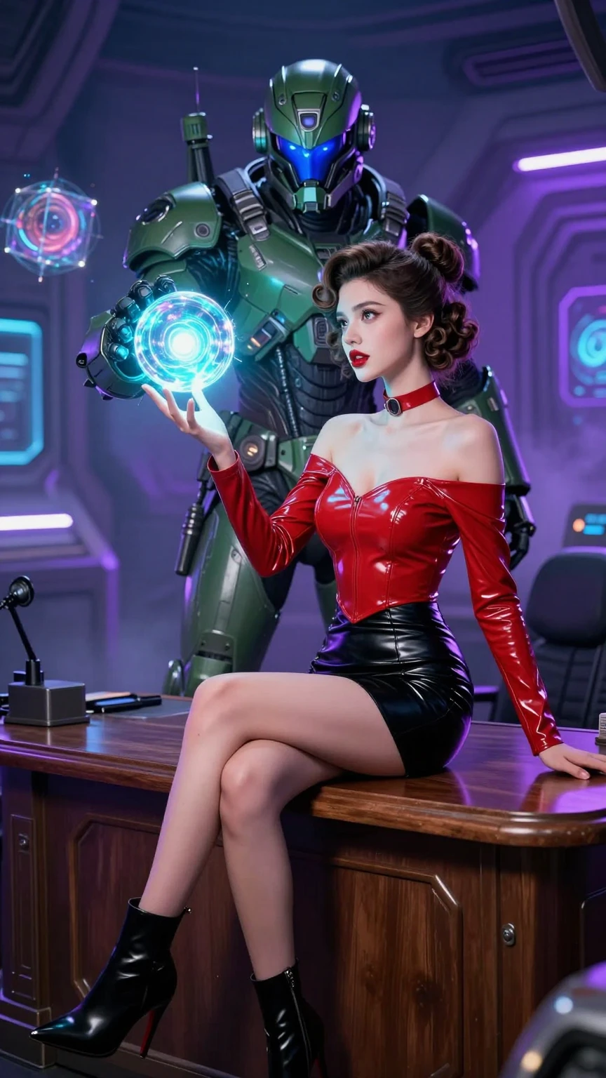 Cosmic Power Encounter in Neon Sci-Fi Chamber