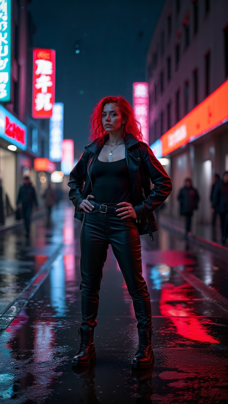 Neon Night Street Portraits with Red-Haired Cyberpunk Mood