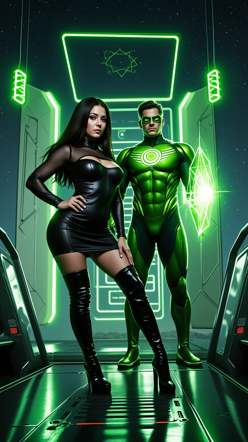 Neon Guardian and Seductive Muse in Sci-Fi Realm