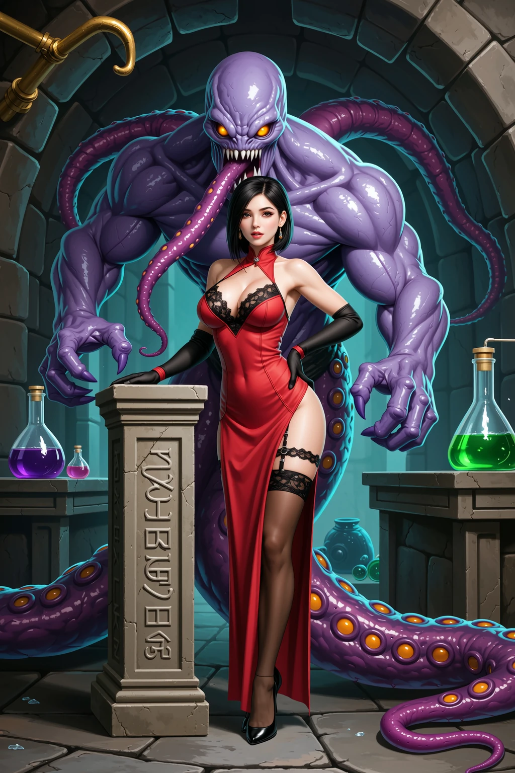 Seductive Brunette and Tentacle Monster in Dungeon