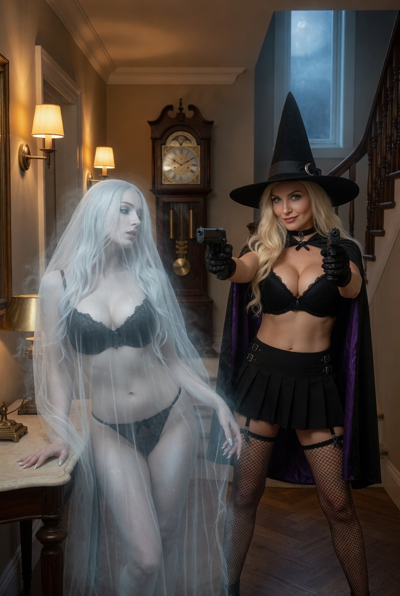 Blonde Witch with Guns and Ghostly Companion