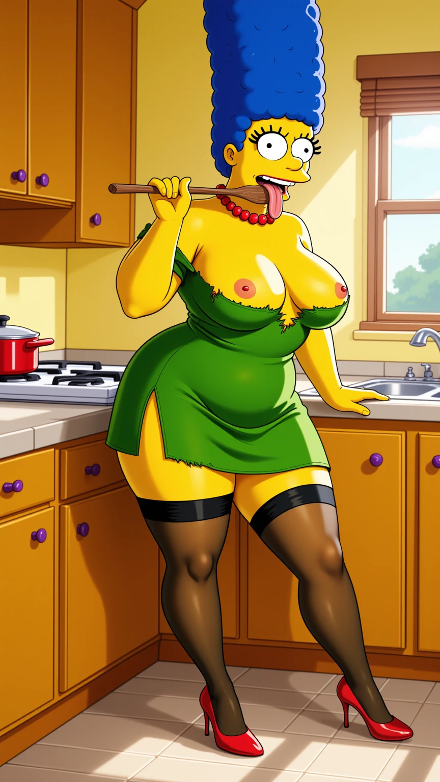 Seductive Marge Simpson in Torn Green Dress and Stockings