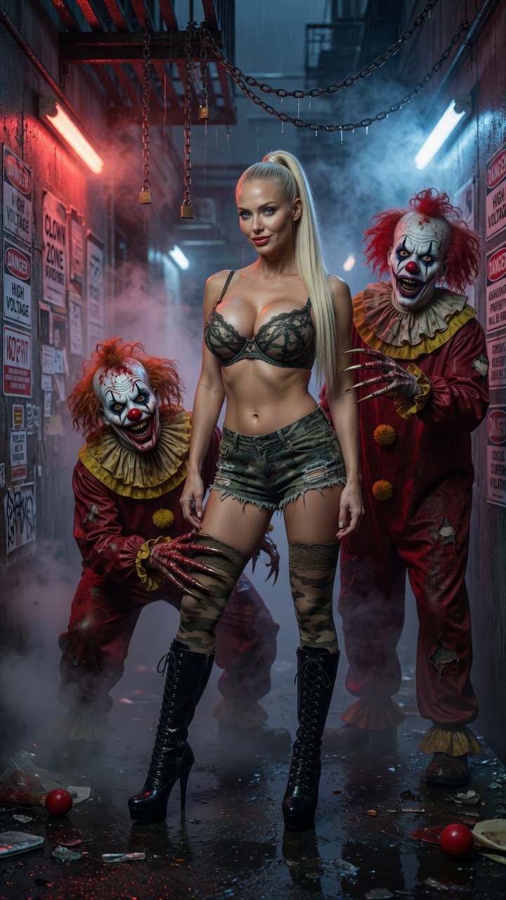 Blonde Beauty Surrounded by Clowns