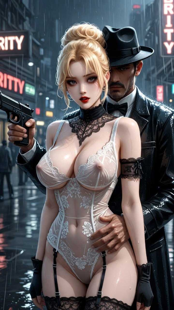 Noir Rainy Night Seduction with Gunman in Lace