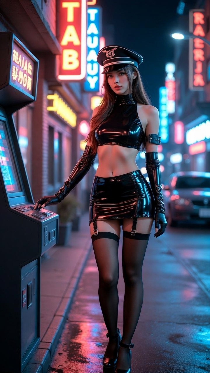 Neon Street Officer in Glossy Cyberpunk Night